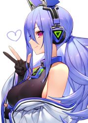 Rule 34 | 1girl, absurdres, alternate breast size, bare shoulders, black gloves, black shirt, blue collar, blue hair, breasts, closed mouth, collar, detached sleeves, fang, fang out, from side, gloves, hair between eyes, headphones, heart, highres, iriam, izumi sai, large breasts, long hair, long sleeves, looking at viewer, low twintails, partially fingerless gloves, red eyes, shirt, sideboob, sidelocks, simple background, smile, solo, tsumugi nia, twintails, upper body, virtual youtuber, w, white background, wide sleeves