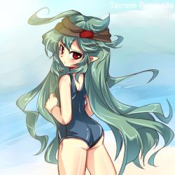 Rule 34 | 1other, androgynous, anmita (rarutos), ass, beach, blush, character name, green hair, headband, len&#039;en, long hair, looking at viewer, looking back, one-piece swimsuit, pointy ears, red eyes, school swimsuit, solo, swimsuit, taira no fumikado, very long hair