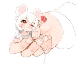 Rule 34 | 1girl, 1other, animal ears, dress, ear tag, hyanna-natsu, in palm, long hair, mini person, minigirl, mouse ears, mouse girl, mouse tail, nuzzle, one eye closed, original, red eyes, size difference, smile, sundress, tail, white dress, white hair