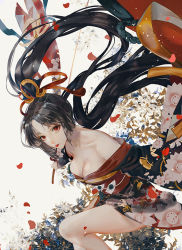 Rule 34 | 1girl, absurdly long hair, bare shoulders, black hair, breasts, cleavage, collarbone, hair ornament, hana (asml30), high ponytail, holding, holding sword, holding weapon, japanese clothes, kimono, kimono skirt, lipstick, long hair, looking at viewer, makeup, medium breasts, off shoulder, onmyoji, onmyouji, outstretched arms, petals, red eyes, red lips, simple background, solo, sword, very long hair, weapon, white background, yaodao ji