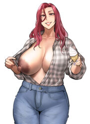 Rule 34 | 1girl, breasts, clothes pull, curvy, dark areolae, dark nipples, denim, food, highres, huge breasts, ice cream, jeans, large areolae, large nipples, lips, long hair, looking at viewer, mature female, narrowed eyes, nipples, one breast out, pants, pepe (jonasan), red hair, shirt pull, shirt tucked in, shirt tug, smile, standing, teeth, wavy hair, white background