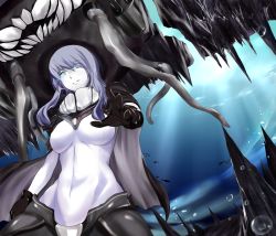 Rule 34 | 10s, 1girl, abyssal ship, bad id, bad pixiv id, bodysuit, cape, glowing, glowing eyes, highres, kantai collection, maki ikazuya, pale skin, personification, silver hair, solo, underwater, wo-class aircraft carrier