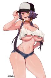 Rule 34 | 1girl, aestheticc-meme, alex (aestheticc-meme), bare shoulders, baseball cap, black hair, black hat, blush, breasts, choker, crop top, crop top overhang, cropped shirt, denim, denim shorts, fangs, gold choker, green eyes, hat, highleg, highleg panties, holding, holding clothes, holding hat, kollerss, large breasts, midriff, mole, mole on breast, mole under eye, navel, open mouth, original, panties, purple hair, shirt, shirt overhang, short hair, short shorts, shorts, simple background, sleeveless, sleeveless shirt, smile, solo, stomach, tank top, thighs, tomboy, underboob, underwear, videl, whale tail (clothing), white background, yellow choker