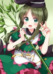Rule 34 | 1girl, apron, bamboo, black hat, blush, bow, dress, frilled dress, frills, green dress, green eyes, green hair, hat, highres, holding, looking at viewer, open mouth, puffy short sleeves, puffy sleeves, ruu (tksymkw), short hair with long locks, short sleeves, sidelocks, solo, teireida mai, touhou, waist apron, white apron, yellow bow