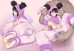 Rule 34 | asymmetrical bangs, barefoot, black hair, blush, breasts, breath, clenched teeth, cosplay, feet, fingering, fingering through clothes, han juri, highres, kigurumi, licking lips, looking at viewer, lying, medium breasts, mocomori, multicolored hair, nipples, no bra, official alternate costume, on side, pillow, purple hair, purple lips, sex toy, smile, streaked hair, street fighter, street fighter 6, teeth, through clothes, toes, tongue, tongue out, twintails, two-tone hair, unzipped, vibrator, vibrator under clothes