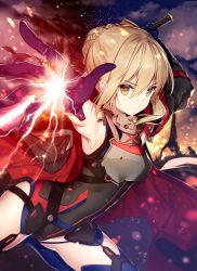 Rule 34 | 1girl, ahoge, alternate costume, armor, armpits, artoria pendragon (all), artoria pendragon (fate), black coat, blonde hair, blue legwear, breastplate, breasts, coat, detached sleeves, fate/grand order, fate (series), garter straps, gloves, hair between eyes, hair bun, hair ribbon, holding, holding sword, holding weapon, looking at viewer, medium breasts, multicolored background, mysterious heroine x (fate), mysterious heroine x alter (fate), mysterious heroine x alter (third ascension) (fate), necomi, outstretched arms, purple gloves, ribbon, saber (fate), serious, single hair bun, solo, sword, thighs, weapon, yellow eyes