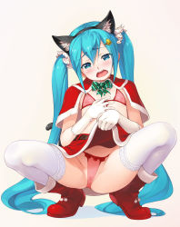 Rule 34 | 1girl, animal ears, bell, belt, blue eyes, blue hair, boots, bra, breasts, cat ears, cat tail, christmas, clothes lift, fake animal ears, gloves, hair bell, hair ornament, hatsune miku, highres, lifting own clothes, long hair, navel, nipples, open mouth, panties, pink bra, pink panties, red footwear, red skirt, skirt, skirt lift, small breasts, solo, squatting, tail, thighhighs, twintails, underwear, very long hair, vocaloid, wacchi, white gloves, white thighhighs
