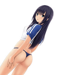 Rule 34 | 1girl, ass, bikini, bikini bottom only, black hair, blue bikini, blue sleeves, blush, breasts, covered erect nipples, cowboy shot, double vertical stripe, dutch angle, from side, hand on own thigh, highres, looking at viewer, looking to the side, medium breasts, no pants, nonaka ritsu, open mouth, original, shirt, short sleeves, simple background, solo, straight hair, swimsuit, thong, thong bikini, white background, white shirt
