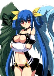 Rule 34 | 1boy, 2girls, asymmetrical wings, bare shoulders, blue hair, bodysuit, breast hold, breasts, cleavage, cleavage cutout, clothing cutout, cowboy shot, crossed arms, detached collar, detached sleeves, dizzy (guilty gear), grin, guilty gear, guilty gear x, guilty gear xrd, guilty gear xx, hair between eyes, hair rings, hood, kaname nagi, large breasts, long hair, looking at viewer, midriff, multiple girls, navel, necro (guilty gear), panties, parted lips, profile, red eyes, revealing clothes, ribbon, sidelocks, simple background, skeleton, skull, smile, standing, strapless, tail, twintails, underwear, undine (guilty gear), very long hair, white background, wings, yellow ribbon