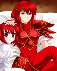 Rule 34 | 2girls, 74, armor, blush, boots, dress, fire emblem, fire emblem: mystery of the emblem, hairband, hand on another&#039;s head, maria (fire emblem), minerva (fire emblem), multiple girls, nintendo, red armor, red eyes, red hair, red legwear, short hair, shoulder armor, siblings, sisters, sitting, smile, pauldrons, thigh boots, thighhighs, white dress