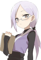 Rule 34 | 1girl, brown eyes, closed mouth, commentary request, copyright request, gazacy (dai), highres, holding, long hair, long sleeves, purple hair, semi-rimless eyewear, simple background, solo, under-rim eyewear, upper body, white background