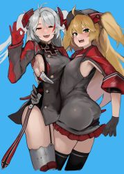 Rule 34 | 2girls, absurdres, admiral hipper (azur lane), ahoge, armpit cutout, ass, ass grab, azur lane, bad id, bad pixiv id, black gloves, black legwear, blonde hair, blue background, breasts, brown eyes, clothing cutout, cowboy shot, cropped legs, cross, garter straps, gloves, green eyes, hair between eyes, hakuto hotaru, hand on another&#039;s hip, headgear, highres, iron cross, large breasts, long hair, long sleeves, looking at viewer, mole, mole on breast, multiple girls, ok sign, open mouth, prinz eugen (azur lane), red gloves, sideboob, silver hair, swept bangs, thighhighs, two side up