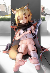 Rule 34 | 1girl, 3others, absurdres, animal ears, arknights, arrow (projectile), barefoot, black scarf, blonde hair, bow (weapon), commentary request, fox ears, fox girl, fox tail, gun, hair between eyes, hair ornament, hairclip, highres, mask, material growth, mechanical arms, multiple others, necklace, notched ear, nya tani (py753), open mouth, orange eyes, oripathy lesion (arknights), reunion soldier (arknights), scar, scarf, shorts, single mechanical arm, tail, tooth necklace, vermeil (arknights), weapon