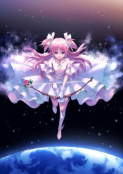 Rule 34 | 10s, 1girl, aiming, arrow (projectile), boots, bow (weapon), dress, earth (planet), flower, flying, gloves, hennamono, kaname madoka, long hair, mahou shoujo madoka magica, mahou shoujo madoka magica (anime), pink eyes, pink flower, pink footwear, pink hair, pink rose, planet, rose, smile, solo, space, spoilers, tears, thigh boots, thighhighs, twintails, two side up, ultimate madoka, weapon, white dress, white gloves