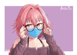 Rule 34 | 1boy, absurdres, astolfo (fate), blush, bra strap, character name, collarbone, commentary request, coronavirus pandemic, fate/grand order, fate (series), glasses, hair between eyes, hair intakes, hands up, highres, jtleeklm, long sleeves, male focus, mask, mouth mask, open mouth, pink background, pink eyes, pink hair, pink shirt, shirt, short hair, simple background, smile, solo, white background