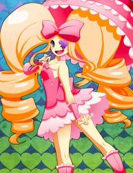 Rule 34 | 10s, 1girl, big hair, blonde hair, blue eyes, boots, bow, breasts, choker, dress, drill hair, earrings, eyepatch, harime nui, heart, heart earrings, highres, jewelry, kill la kill, knee boots, long hair, parasol, pink bow, pink dress, pink footwear, pinky out, setsuna22, small breasts, smile, solo, strapless, strapless dress, twin drills, umbrella, very long hair, wrist cuffs