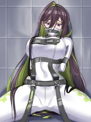 Rule 34 | 1girl, arms behind back, bdsm, bodysuit, bondage, bondage outfit, bound, bound arms, breasts, brown hair, bt (3212637), character name, clothes writing, colored inner hair, covered mouth, covered navel, goddess of victory: nikke, green hair, guilty (nikke), hair behind ear, hair between eyes, highres, large breasts, long hair, looking at viewer, mask, mouth mask, multicolored hair, pink eyes, restrained, sitting, solo, spread legs, straitjacket, two-tone hair, very long hair, wall, white bodysuit