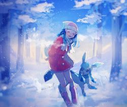 Rule 34 | 1girl, artist name, beanie, blue hair, blush, boots, buttons, closed eyes, creatures (company), dawn (pokemon), game freak, gen 4 pokemon, glaceon, hair ornament, hanenbo, hat, highres, long hair, long sleeves, nintendo, open mouth, outdoors, pink footwear, pokemon, pokemon (creature), pokemon dppt, pokemon platinum, scarf, smile, socks, teeth, tree, white headwear, white legwear, white scarf, winter, winter clothes