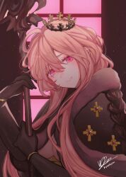 Rule 34 | 1girl, azur lane, black dress, black gloves, breasts, clemenceau (azur lane), crown, dress, dtpnhm, gloves, hair between eyes, hands up, highres, holding, holding staff, large breasts, long hair, looking at viewer, looking to the side, parted lips, pink eyes, pink hair, sidelocks, signature, smile, solo, staff, tilted headwear, upper body