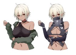 Rule 34 | 1girl, absurdres, bare shoulders, black gloves, breasts, brown eyes, cleavage, closed mouth, coat, collarbone, covered mouth, crop top, cropped torso, dark skin, earphones, elbow gloves, elf, gloves, grey coat, highres, large breasts, long sleeves, looking at viewer, masaki nanaya, mask, mouth mask, multiple views, navel, open clothes, open coat, original, pointy ears, revealing clothes, shirt, short hair, silver hair, simple background, single strap, sleeves past wrists, stomach, thong, white shirt