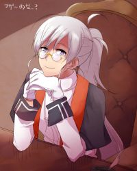Rule 34 | 00s, 1girl, 6 (yuchae), ahoge, bespectacled, capelet, chair, gendou pose, glasses, gloves, hands clasped, head rest, melty blood, own hands clasped, own hands together, pince-nez, ponytail, purple eyes, riesbyfe stridberg, silver hair, sitting, solo, tsukihime, white gloves