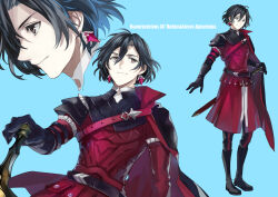 Rule 34 | 1boy, armor, belt, black belt, black cape, black footwear, black gloves, black hair, black pants, blue background, boots, brown eyes, cape, character name, closed mouth, constantine xi (fate), cropped shoulders, earrings, fate/grand order, fate (series), full body, gloves, greek text, hair between eyes, hand on hilt, heki0529, holding, holding sword, holding weapon, jewelry, knee boots, looking at viewer, male focus, multiple views, pants, profile, red armor, red belt, red tunic, serious, sheath, sheathed, short hair, shoulder belt, side cape, simple background, smile, sword, tunic, two-sided fabric, upper body, weapon