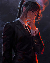 Rule 34 | 1girl, absurdres, between fingers, black hair, black jacket, black necktie, blood, blood on clothes, cigarette, collared shirt, commentary, english commentary, formal, guweiz, hand up, highres, holding, holding cigarette, jacket, long hair, long sleeves, looking at viewer, necktie, original, ponytail, shirt, smoke, smoking, solo, suit, thick eyebrows, upper body, white shirt