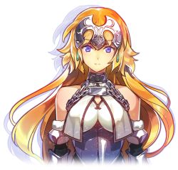 Rule 34 | 2girls, armor, back-to-back, bare shoulders, blonde hair, breasts, chain, closed mouth, expressionless, fate/grand order, fate (series), headpiece, jeanne d&#039;arc (fate), jeanne d&#039;arc (ruler) (fate), jeanne d&#039;arc (third ascension) (fate), jeanne d&#039;arc alter (fate), long hair, looking at viewer, medium breasts, multiple girls, purple eyes, solo focus, upper body, yurizuka (sergeant heart)