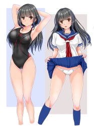 Rule 34 | 2girls, black hair, black one-piece swimsuit, blue legwear, blue sailor collar, blue skirt, blunt bangs, breasts, brown eyes, clothes lift, competition swimsuit, dual persona, large breasts, lifted by self, long hair, looking at viewer, mashinatsu, multiple girls, neckerchief, one-piece swimsuit, original, panties, pantyshot, pleated skirt, red neckerchief, sailor collar, school uniform, serafuku, skirt, skirt lift, swimsuit, underwear, white panties