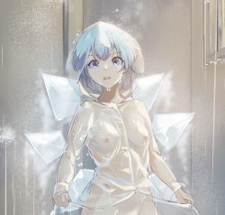 Rule 34 | 1girl, blue eyes, blue hair, bob cut, breasts, cirno, collarbone, commentary, exhibitionism, fog, frost, groin, hood, hood up, ice, ice wings, lifted by self, long sleeves, looking at viewer, naked raincoat, nipples, nude, open mouth, out-of-frame censoring, paid reward available, public indecency, rain, raincoat, raincoat lift, see-through, short hair, small breasts, solo, ssrkma, steam, tan background, teeth, touhou, transparent raincoat, upper teeth only, water drop, wet, wings