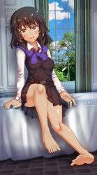 Rule 34 | 1girl, andou (girls und panzer), barefoot, bc freedom school uniform, black hair, blush, breasts, brown eyes, feet, full body, girls und panzer, highres, indoors, looking at viewer, medium breasts, megadeko, on bed, open mouth, school uniform, short hair, sitting, smile, soles, solo, toes, window