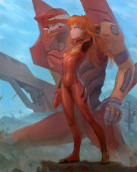 Rule 34 | 1girl, absurdres, arm behind head, assault rifle, autocannon, blue eyes, breasts, bullpup, cannon, caseless firearm, clenched hand, commission, eva 02, extra eyes, floating hair, from side, green eyes, gun, highres, holding, holding gun, holding weapon, looking ahead, magnetic weapon, mecha, mecha focus, needlegun, neon genesis evangelion, open hand, orange hair, pallet rifle, pilot suit, plugsuit, railgun, rifle, robot, science fiction, small breasts, souryuu asuka langley, weapon, zhjake