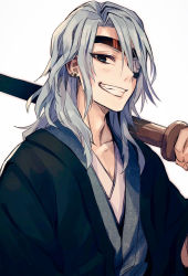 Rule 34 | 1boy, earrings, eyepatch, green eyes, grin, holding, holding sword, holding weapon, japanese clothes, jewelry, kimetsu no yaiba, looking at viewer, male focus, medium hair, remon (10112), shinai, silver hair, simple background, smile, sword, teeth, upper body, uzui tengen, weapon, white background, wooden sword
