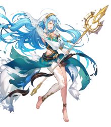 Rule 34 | 1girl, asymmetrical legwear, azura (fire emblem), barefoot, belt, blue hair, breasts, dress, fingerless gloves, fire emblem, fire emblem fates, fire emblem heroes, full body, gloves, hair between eyes, hair ornament, highres, jewelry, long hair, long sleeves, medium breasts, necklace, nintendo, official art, solo, thigh strap, toes, torn clothes, transparent background, turtleneck, uneven legwear, veil, very long hair, yellow eyes