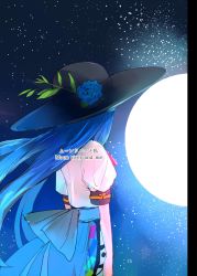 Rule 34 | 1girl, absurdres, blue hair, bow, comic, dress, flower, full moon, hat, hat flower, highres, hinanawi tenshi, long hair, moon, page number, short sleeves, touhou, translation request, very long hair, waist bow, yappa muri