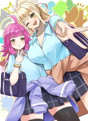 Rule 34 | 2girls, :o, ahoge, bag, black thighhighs, blonde hair, blue hoodie, blue shirt, blunt bangs, blunt ends, blush, bracelet, breasts, brown jacket, cleavage, clothes around waist, commentary request, gyaru, gyaru v, highres, hood, hoodie, jacket, jacket around waist, jewelry, large breasts, looking at viewer, love live!, love live! nijigasaki high school idol club, medium hair, miyashita ai, multicolored background, multiple girls, nail polish, nijigasaki school uniform, one eye closed, open mouth, orein, pink hair, plaid, plaid skirt, pleated skirt, ponytail, school bag, school uniform, shirt, skirt, smile, tennoji rina, thighhighs, v, yaoi, yellow eyes