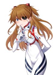 Rule 34 | 1girl, absurdres, arm behind back, blue eyes, blush, bodysuit, breasts, brown hair, evangelion: 3.0+1.0 thrice upon a time, eyepatch, finger to mouth, highres, leaning forward, looking at viewer, neon genesis evangelion, plugsuit, rebuild of evangelion, skin tight, small breasts, smile, solo, souryuu asuka langley, toketa (toketa15), wide hips