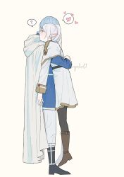 Rule 34 | 1boy, 1girl, ?, absurdres, artist name, black footwear, black pantyhose, blue hair, blue tunic, boots, brown footwear, capelet, cloak, frieren, from side, gold trim, heart, highres, himmel (sousou no frieren), hood, hood down, hooded cloak, hug, long sleeves, nyafurbl, pants, pantyhose, pointy ears, profile, short hair, simple background, size difference, skirt, sleeve cuffs, sousou no frieren, spoken heart, spoken question mark, twintails, white background, white capelet, white cloak, white hair, white pants, white skirt