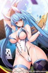 Rule 34 | 1girl, areola slip, argyle, argyle clothes, argyle legwear, arm up, asymmetrical legwear, bare shoulders, blue hair, blush, breasts, card, crotch zipper, detached collar, fishnet thighhighs, fishnets, garter straps, hair ribbon, highres, large breasts, leotard, long hair, looking at viewer, luthica preventer, mismatched legwear, official art, playboy bunny, playing card, red eyes, ribbon, snowball22, solo, sword girls, thighhighs, twintails, underboob, very long hair, wrist cuffs, zipper