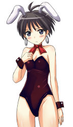 Rule 34 | 1girl, animal ears, black hair, blue eyes, blush, bow, bowtie, breasts, brown leotard, cleavage, earrings, fake animal ears, female focus, idolmaster, idolmaster (classic), jewelry, kikuchi makoto, kisugi akira, leotard, looking at viewer, open mouth, playboy bunny, rabbit ears, red bow, red bowtie, short hair, simple background, small breasts, solo, standing, white background, wrist cuffs