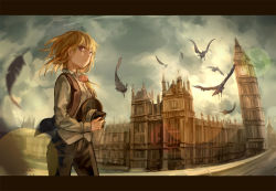 Rule 34 | 1girl, alternate costume, bird, clock, clock tower, cloud, cloudy sky, crow, feathers, hat, kirisame marisa, letterboxed, norizc, open clothes, open mouth, open vest, pants, scarlet devil mansion, shirt, sky, solo, touhou, tower, vest, yellow eyes