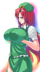 Rule 34 | 1girl, bad id, bad pixiv id, blue eyes, braid, breast lift, breasts, china dress, chinese clothes, deep skin, dress, female focus, hat, hong meiling, huge breasts, impossible clothes, impossible shirt, long hair, red hair, shirt, solo, toono yayoi, touhou, twin braids