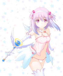 Rule 34 | 1girl, bare shoulders, hair bobbles, hair ornament, hairband, heart, hitomoji (artist), magical girl, nanako (to heart 2), panties, pink eyes, pink hair, short hair, side-tie panties, solo, thighhighs, to heart (series), to heart 2, two side up, underwear, wand, wings