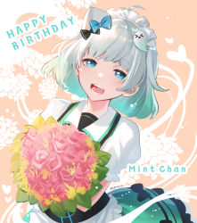 Rule 34 | 1girl, black bow, blue bow, blue eyes, bouquet, bow, character name, flower, ghost hair ornament, gradient hair, green hair, green skirt, hair behind ear, hair bow, happy birthday, heart, highres, holding, holding bouquet, indie virtual youtuber, juliet sleeves, kgr, leaf, long sleeves, maid, mint fantome, multicolored hair, open mouth, pink flower, puffy sleeves, skirt, smile, solo, virtual youtuber, white hair