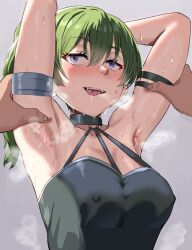 Rule 34 | 1girl, arm strap, armlet, armpits, arms behind head, arms up, breasts, choker, covered erect nipples, green hair, large breasts, licking lips, naughty face, no bra, o-ring, o-ring choker, purple eyes, shin&#039;yashiki, side ponytail, sousou no frieren, suspenders hanging, sweat, tongue, tongue out, ubel (sousou no frieren), upper body