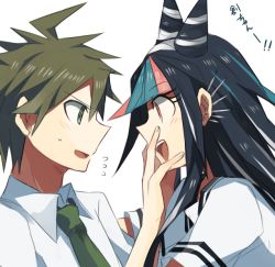 Rule 34 | 1boy, 1girl, :d, ahoge, aoki shizumi, black hair, blue hair, blush, brown hair, commentary request, danganronpa (series), danganronpa 2: goodbye despair, ear piercing, eye contact, flying sweatdrops, green eyes, grey background, hair horns, hand on another&#039;s face, hinata hajime, large hands, long hair, looking at another, mioda ibuki, multicolored hair, necktie, open mouth, piercing, pink eyes, pink hair, red hair, sailor collar, school uniform, short sleeves, smile, striped, sweatdrop, translation request, white background, white hair