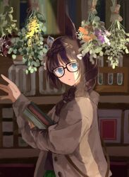 Rule 34 | 1girl, animal ears, blue eyes, book, bookshelf, braid, braided ponytail, brown hair, brown jacket, crown braid, glasses, hair ornament, hanging flower, highres, holding, holding book, horse ears, jacket, long hair, long sleeves, looking at viewer, looking to the side, mimi (usausamm5), parted lips, plant, solo, test tube, umamusume, upper body, zenno rob roy (umamusume)