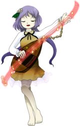Rule 34 | 1girl, barefoot, biwa lute, closed eyes, double dealing character, full body, hair ornament, instrument, lowres, lute (instrument), musical note, official art, pale skin, purple hair, simple background, solo, touhou, transparent background, tsukumo benben, white background, zun (artist)