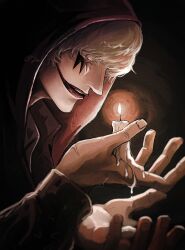 Rule 34 | 1boy, brown theme, candle, candle wax, candlelight, collared shirt, dark, donquixote rocinante, facepaint, fingernails, from side, hat, heart, heart print, highres, holding, holding candle, lipstick, looking down, makeup, male focus, one piece, red eyes, scar, scar on hand, shirt, short hair, signature, solo, sub 45, wax