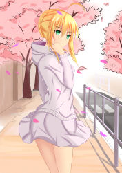 Rule 34 | 1girl, absurdres, alternate costume, artoria pendragon (all), artoria pendragon (fate), blonde hair, casual, cherry blossoms, fate/stay night, fate (series), green eyes, highres, ice spirit tarot, looking back, petals, road, saber (fate), solo, wind, wind lift